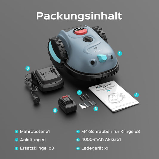 YARDCARE V100 Mähroboter ohne Begrenzungskabel – Vision Navigation, 150 Hinderniserkennungen, für bis zu 150 m², inkl. Akku, Graskamm & Klingen