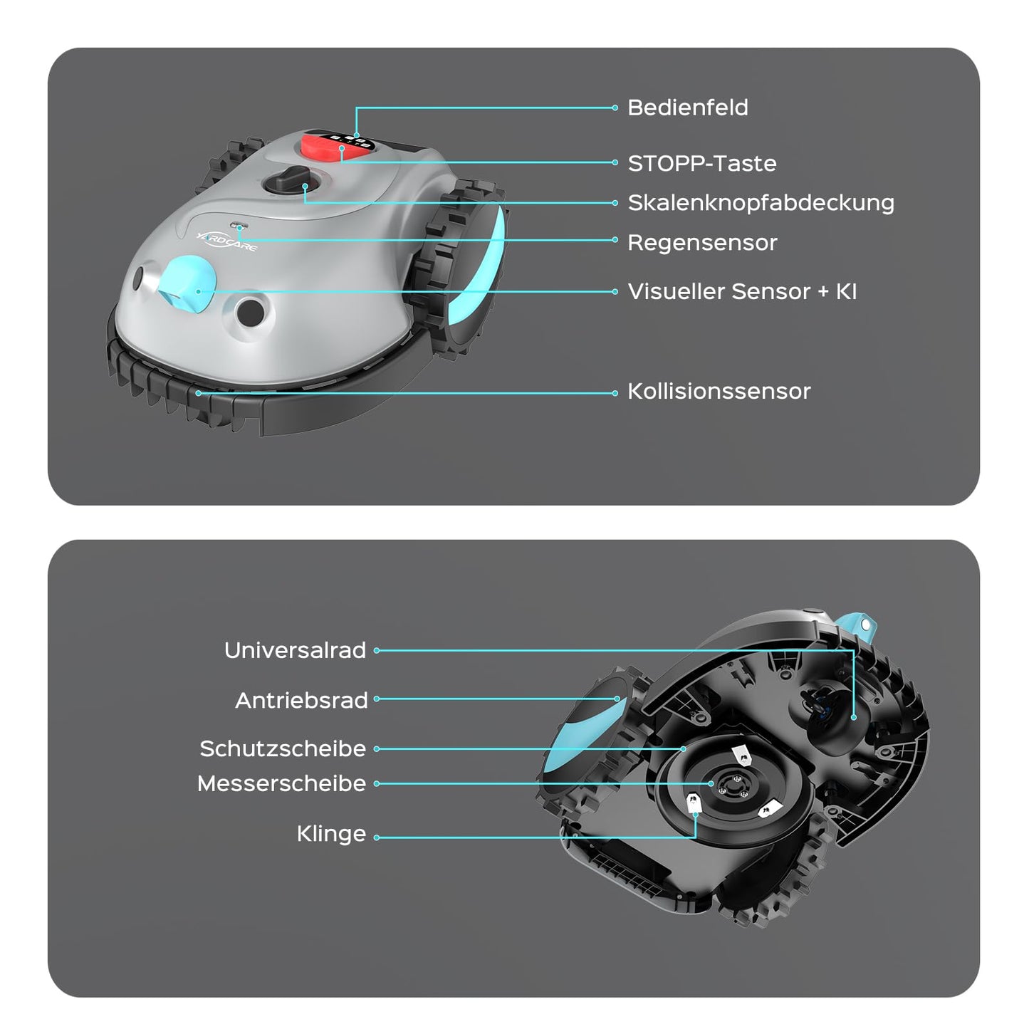 YARDCARE V100 Mähroboter ohne Begrenzungskabel, Vision Navigation, 150 Hinderniserkennung, für bis zu 150 m², mit Graskamm & Ersatzklingen