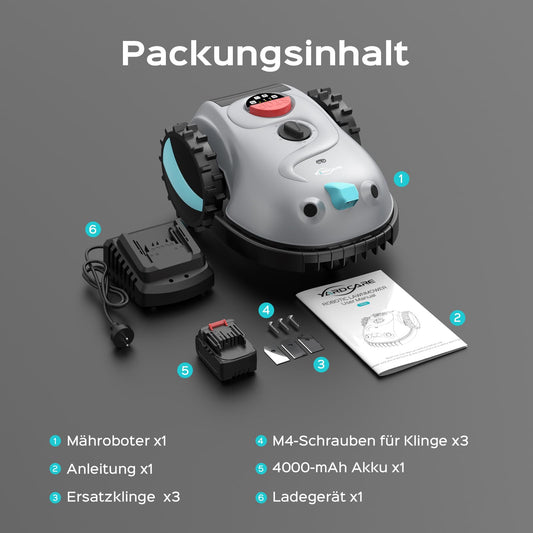YARDCARE V100 Mähroboter ohne Begrenzungskabel, Vision-Navigation, 150-fache Hindernisvermeidung, 4 Ah Akku, mit Graskamm & Ersatzklingen