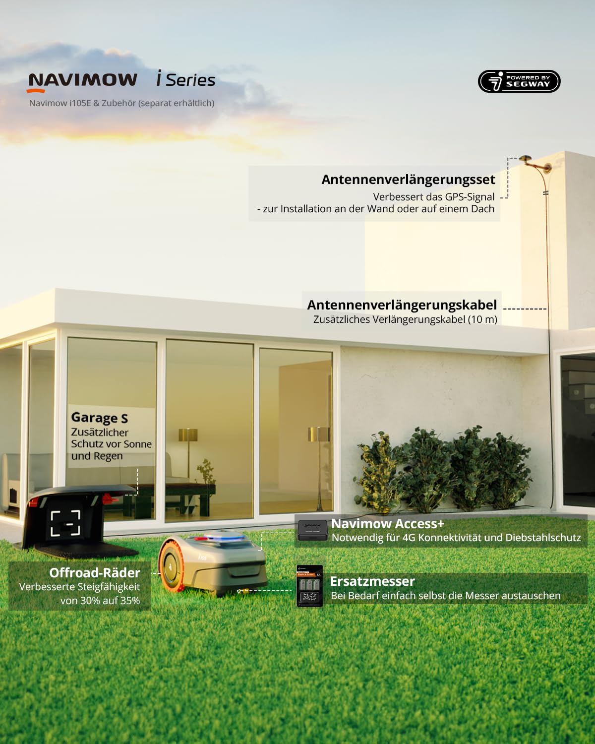 Navimow i105E Mähroboter ohne Begrenzungskabel, 500–600 m², RTK+Vision, KI-Auto-Kartierung, Igelschutz, Virtuelle Zonenbegrenzung, Testsieger