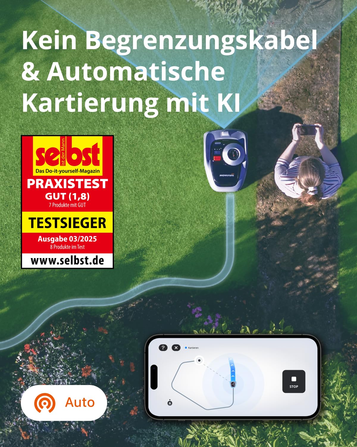 Navimow i105E Mähroboter ohne Begrenzungskabel, 500–600 m², RTK+Vision, KI-Auto-Kartierung, Igelschutz, Virtuelle Zonenbegrenzung, Testsieger