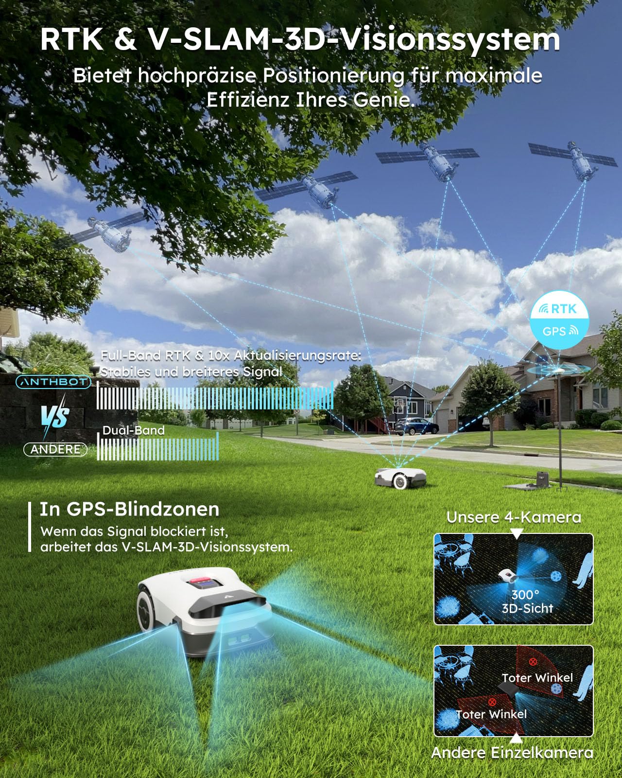 ANTHBOT Genie1000 KI Mähroboter ohne Begrenzungskabel, RTK & 4-Kamera-Vision, bis 2000 m², Mehrzonen-Management, Hindernisvermeidung