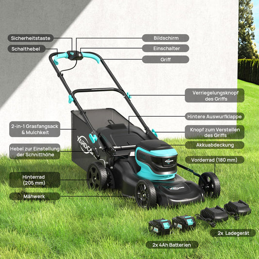 YARDCARE Akku-Rasenmäher 36V, bis 675 m², 41 cm Schnittbreite, Mulchkeil & 45L Fangsack, 7-fach höhenverstellbar, inkl. 2 Akkus & 2 Ladegeräte