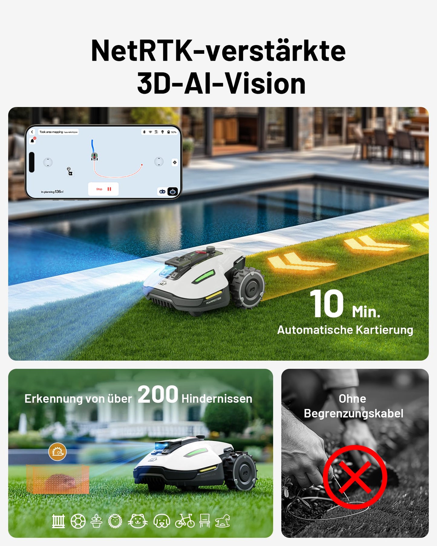 MAMMOTION YUKA Mini 500 Mähroboter ohne Begrenzungskabel, NetRTK & Vision, 500 m², 4G, Auto-Kartierung, für bis zu 50 % Steigung