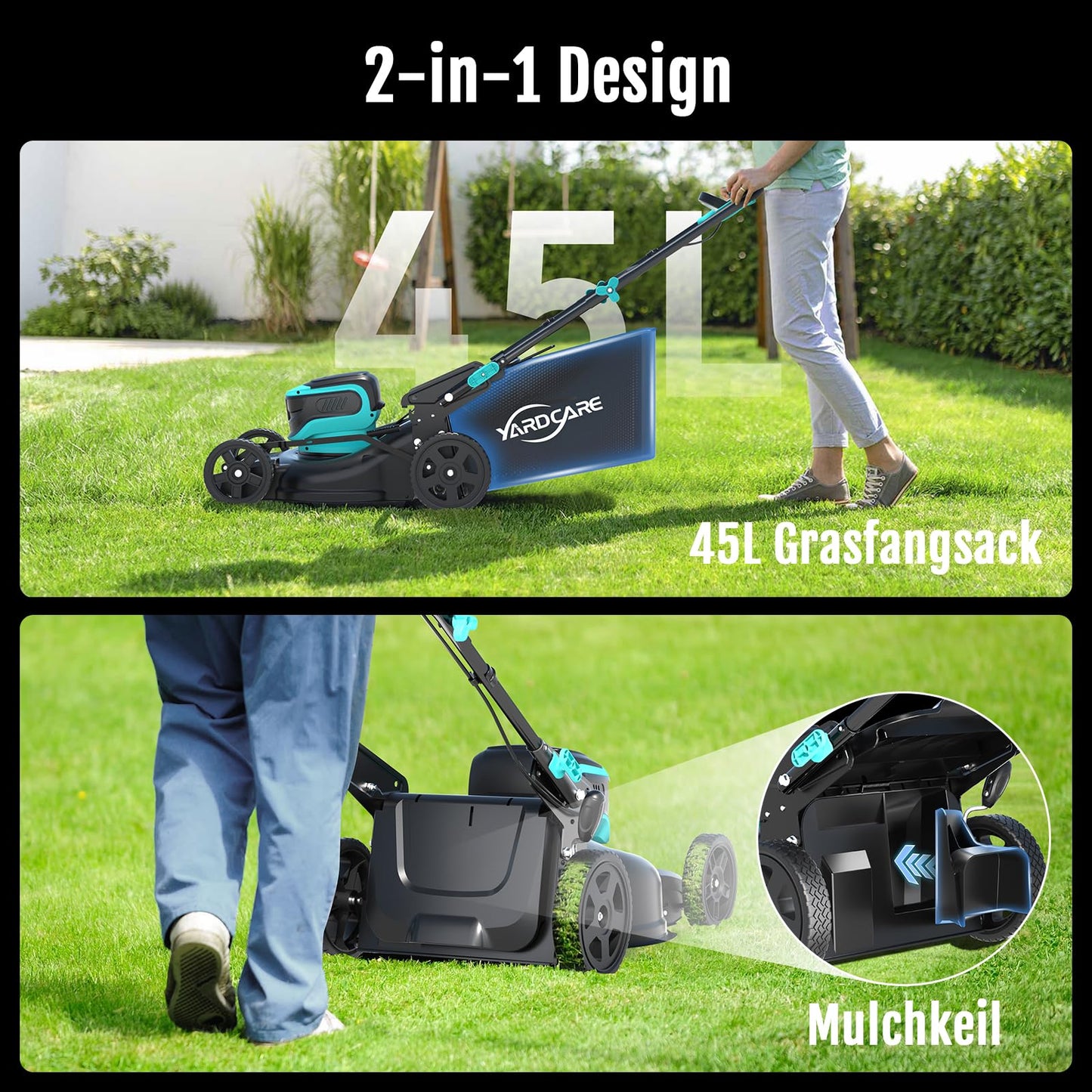 YARDCARE Akku-Rasenmäher 36V, bis 675 m², 41 cm Schnittbreite, Mulchkeil & 45L Fangsack, 7-fach höhenverstellbar, inkl. 2 Akkus & 2 Ladegeräte
