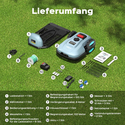 YARDCARE E400 Mähroboter mit App-Steuerung, für bis zu 400 m², leise <60 dB, mit Regensensor, Auto-Ladung, 18 cm Schnittbreite, 20–60 mm Höhe