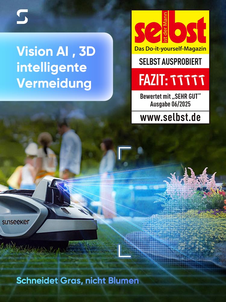 Sunseeker V3 Mähroboter ohne Begrenzungskabel, Vision AI Doppel-Auge, 600 m², 42 % Steigung, App-Steuerung, Rasenmäher mit One-Klick-Mähen