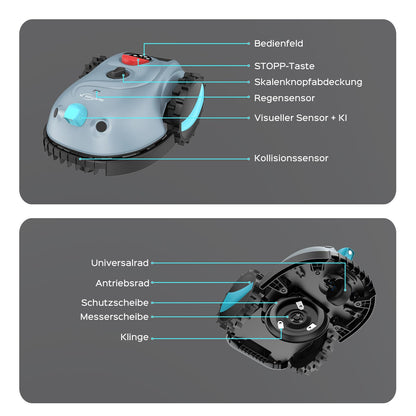 YARDCARE V100 Mähroboter ohne Begrenzungskabel – Vision Navigation, 150 Hinderniserkennungen, für bis zu 150 m², inkl. Akku, Graskamm & Klingen