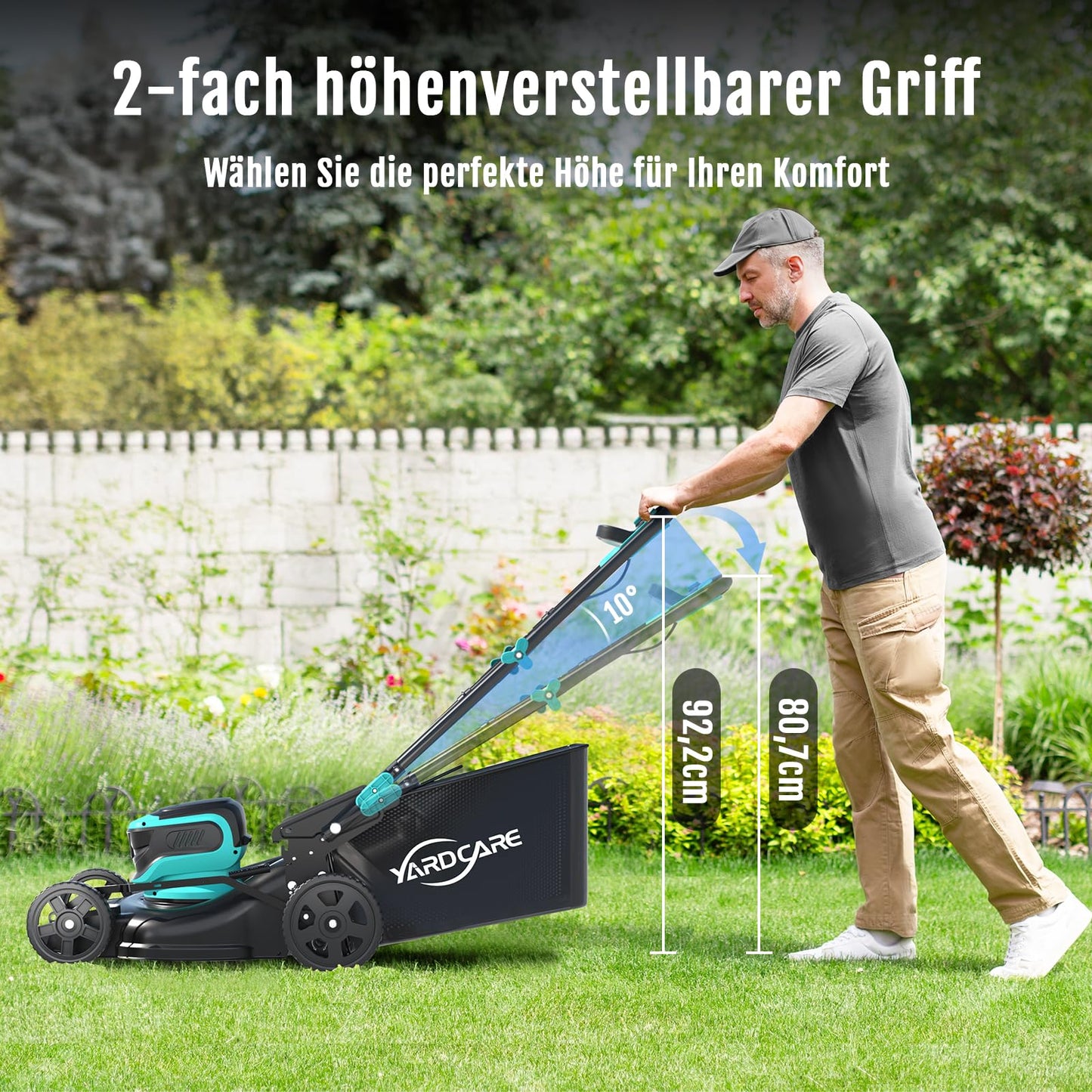 YARDCARE Akku-Rasenmäher 36V, bis 675 m², 41 cm Schnittbreite, Mulchkeil & 45L Fangsack, 7-fach höhenverstellbar, inkl. 2 Akkus & 2 Ladegeräte