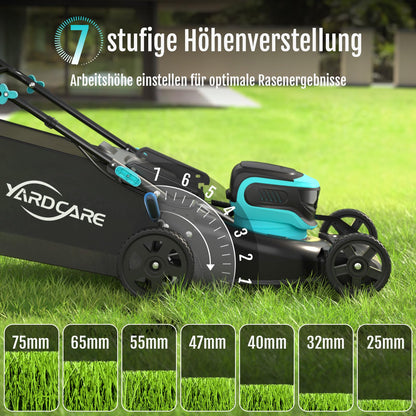 YARDCARE Akku-Rasenmäher 36V, bis 675 m², 41 cm Schnittbreite, Mulchkeil & 45L Fangsack, 7-fach höhenverstellbar, inkl. 2 Akkus & 2 Ladegeräte